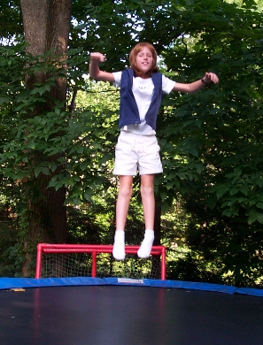 Trudy defying gravity on a trampoline.