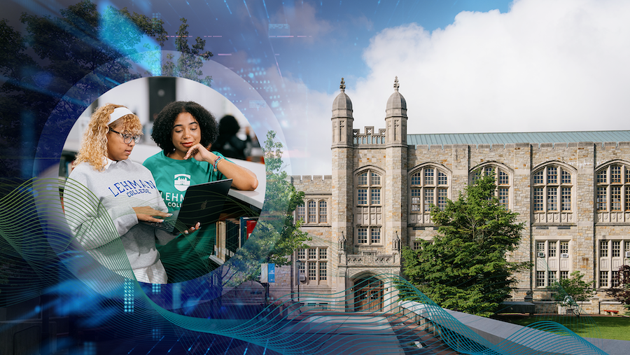students on laptop image of campus building