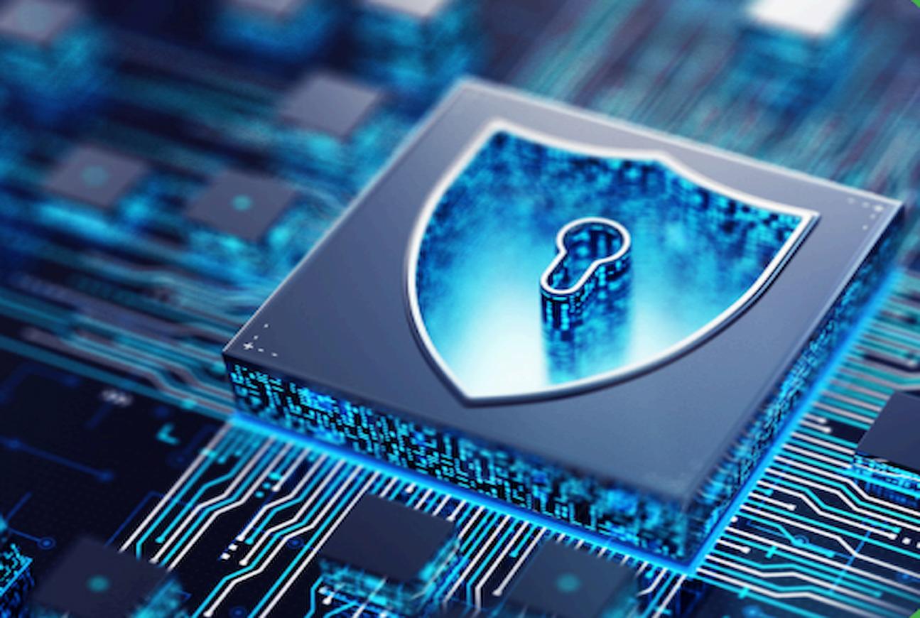 A 3D digital illustration of a glowing blue microchip on a circuit board, featuring a prominent shield icon with a keyhole in the center to represent cybersecurity.