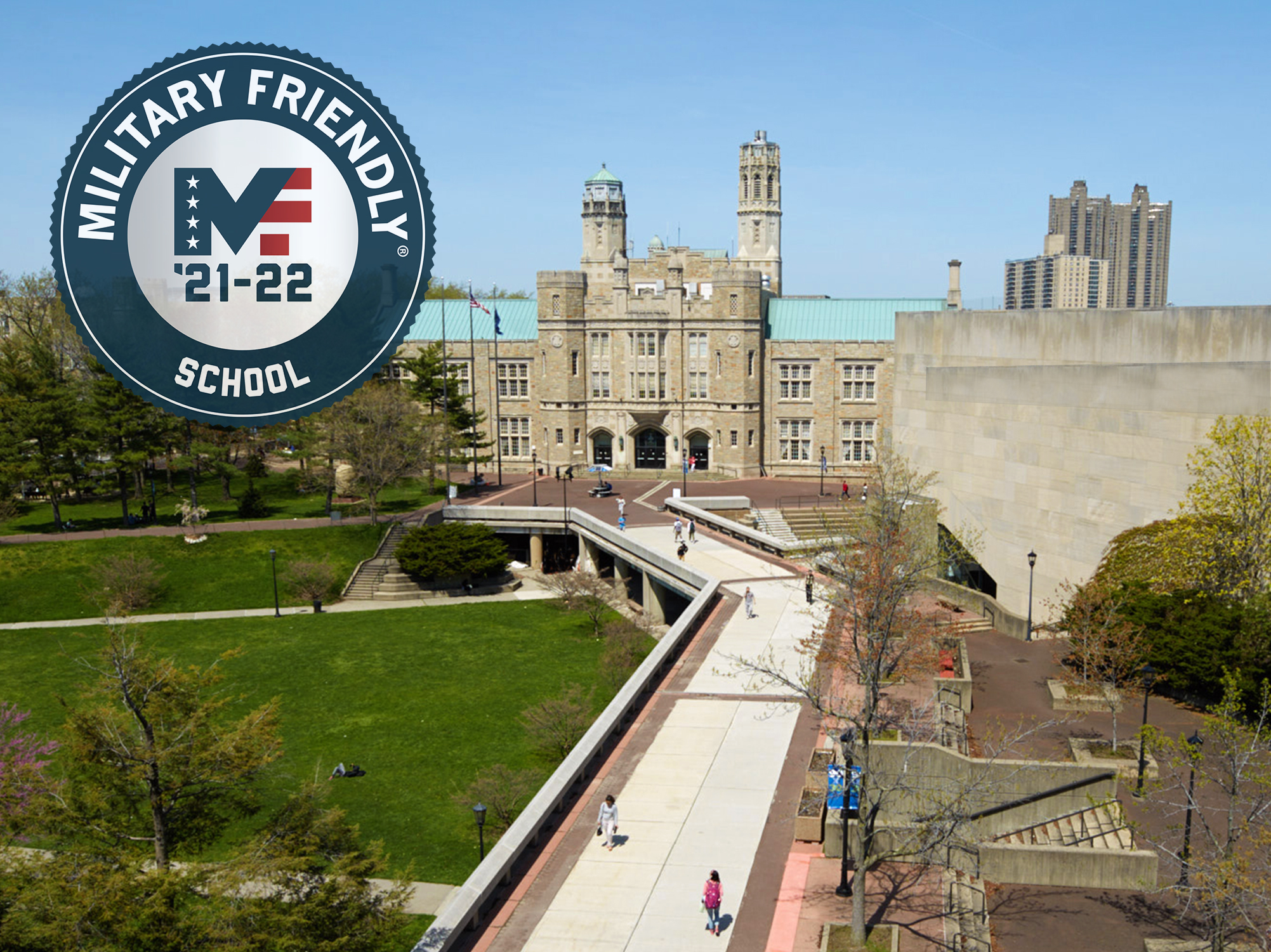 Image of old building on Lehman College campus with a Military Friendly logo.