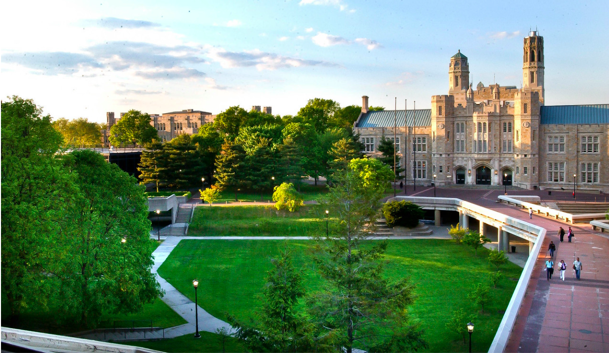 Aerial photo of Lehman quad, showing a lawn and the Music Buiilding.