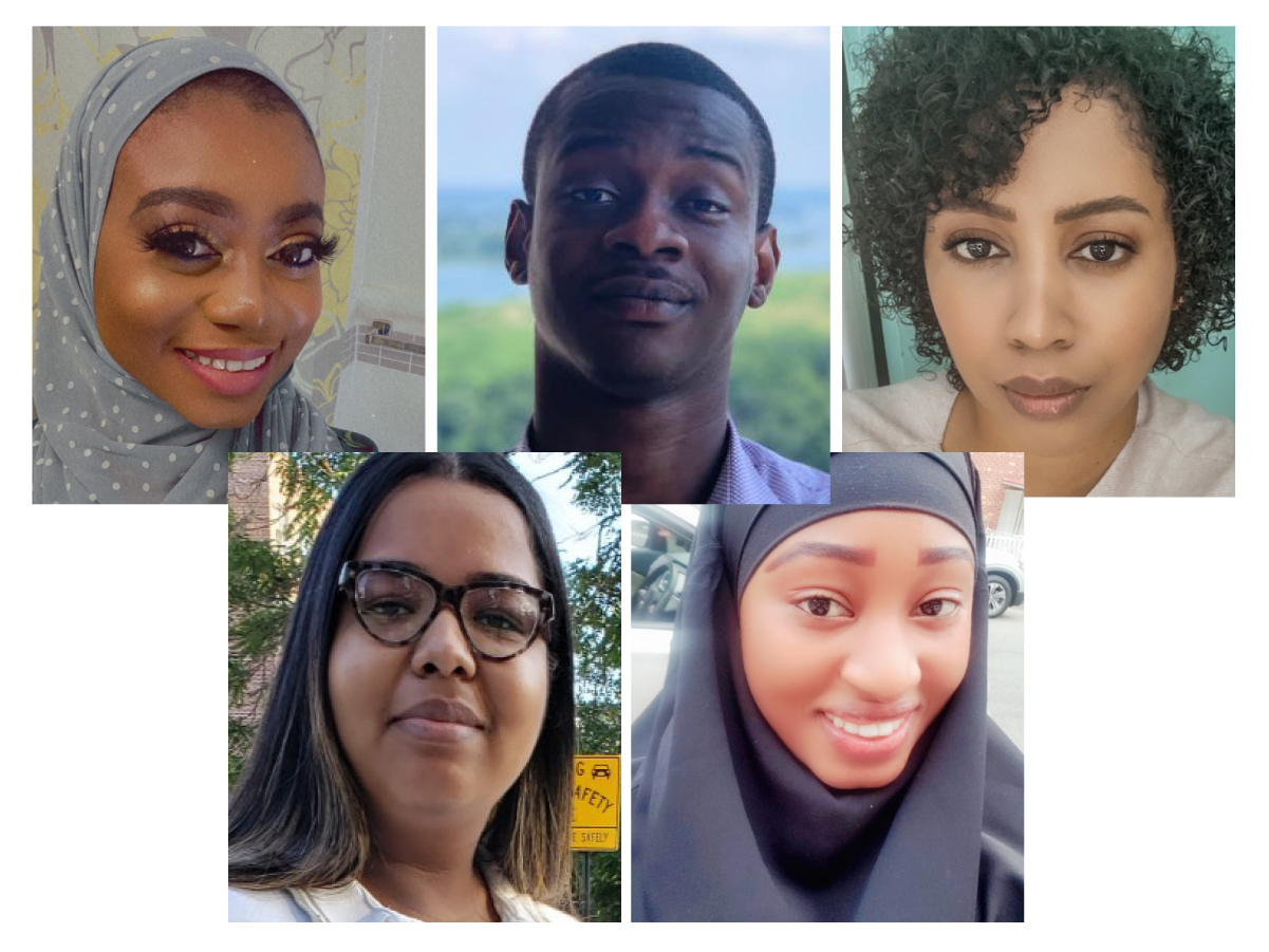 Clockwise from left: scholarship winners Iman Owusu, Samuel Boafo, Jhandal Sayers, Oumie Jaiteh, and Nadia Ramsingh