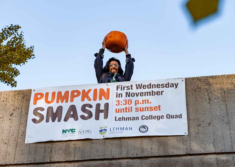 Photo of the Week: A Lehman College Multimedia Center photographer caught the second before a pumpkin sailed toward the earth at last week's annual Pumpkin Smash Event.