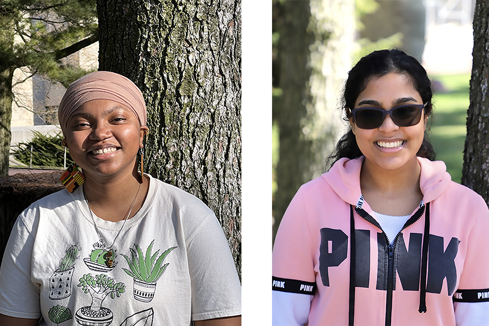 a photm composite of two women, each is standing in front of a tree smiling.