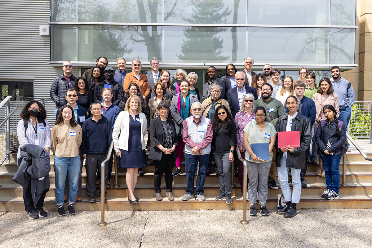 Attendees at the Department of Biological Sciences' annual Basile Memorial Lecture including Basile Award winners Neha Rajkhowa and Alexander Vargas pose with the speaker, Vivian Irish, Ph.D. (Yale).